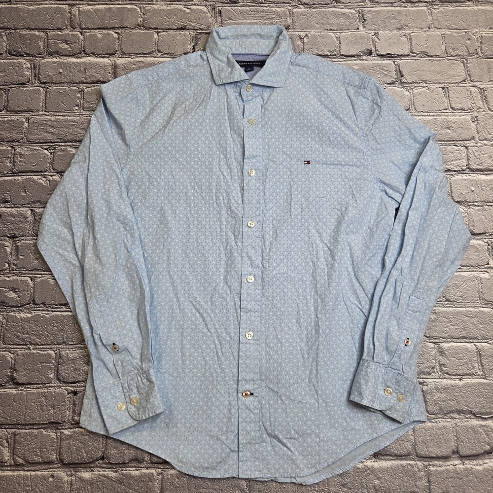 Tommy Hilfiger Men's Geometric Shirt Light Blue Medium Long Sleeve Button-Up